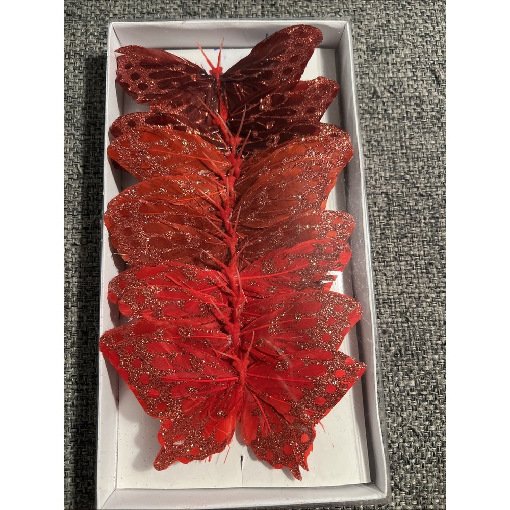Butterflies Dark Burgundy Red Wired Painted Feather Glitter 5" 11‎ Pack
